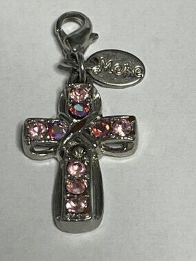 Silver Tone Pink Crystals Christian Cross Pendant MeMe Charm w/Clasp 1.5"x.75"
